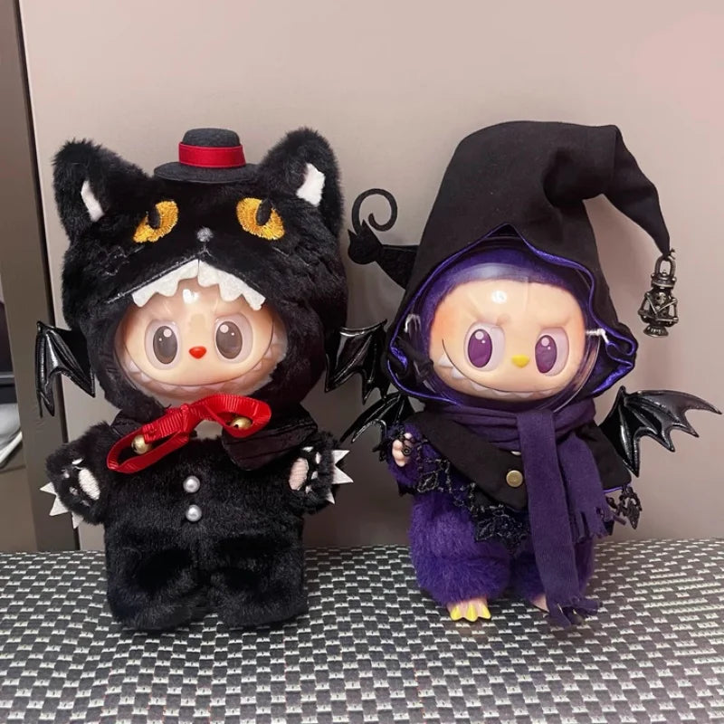 10cm Cotton Doll Clothes Witch Black Meow For The Monsters Labubu 1.0 2.0 3.0 Kawaii Cosplay Clothes Cool Christmas Doll Gift
