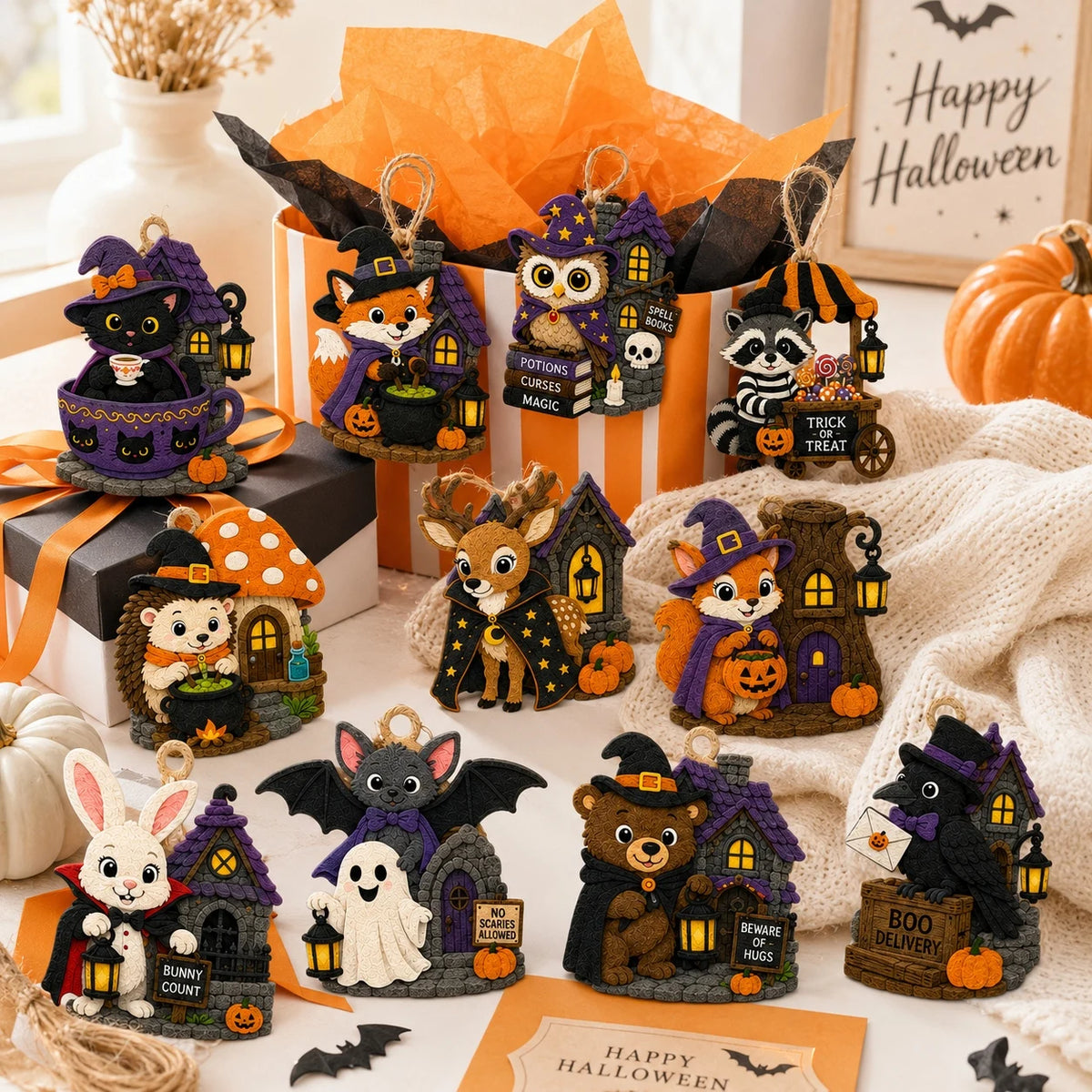 11 PCS Felt Halloween Decor 2D Flat Hanging Ornaments, Halloween Holiday Felt Cutouts, DIY Decor for Home Halloween Party Decor