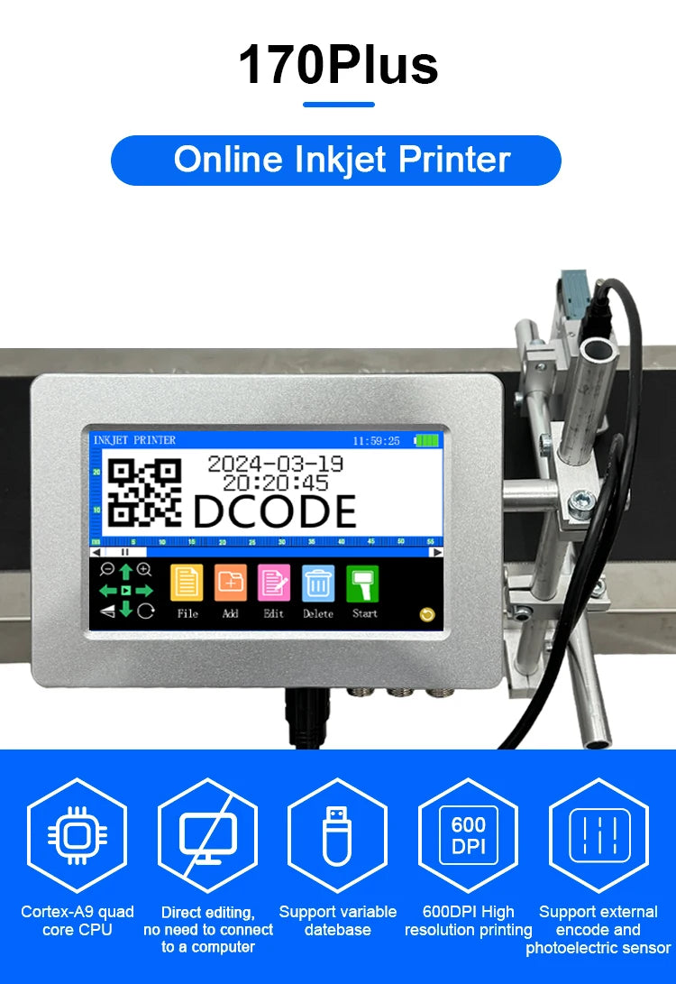 DCODE 170PLUS 7-inch IPS TIJ Industrial Online Inkjet Printer 12.7mm Text QR Barcode Batch Number Logo Date Label Glass Printer