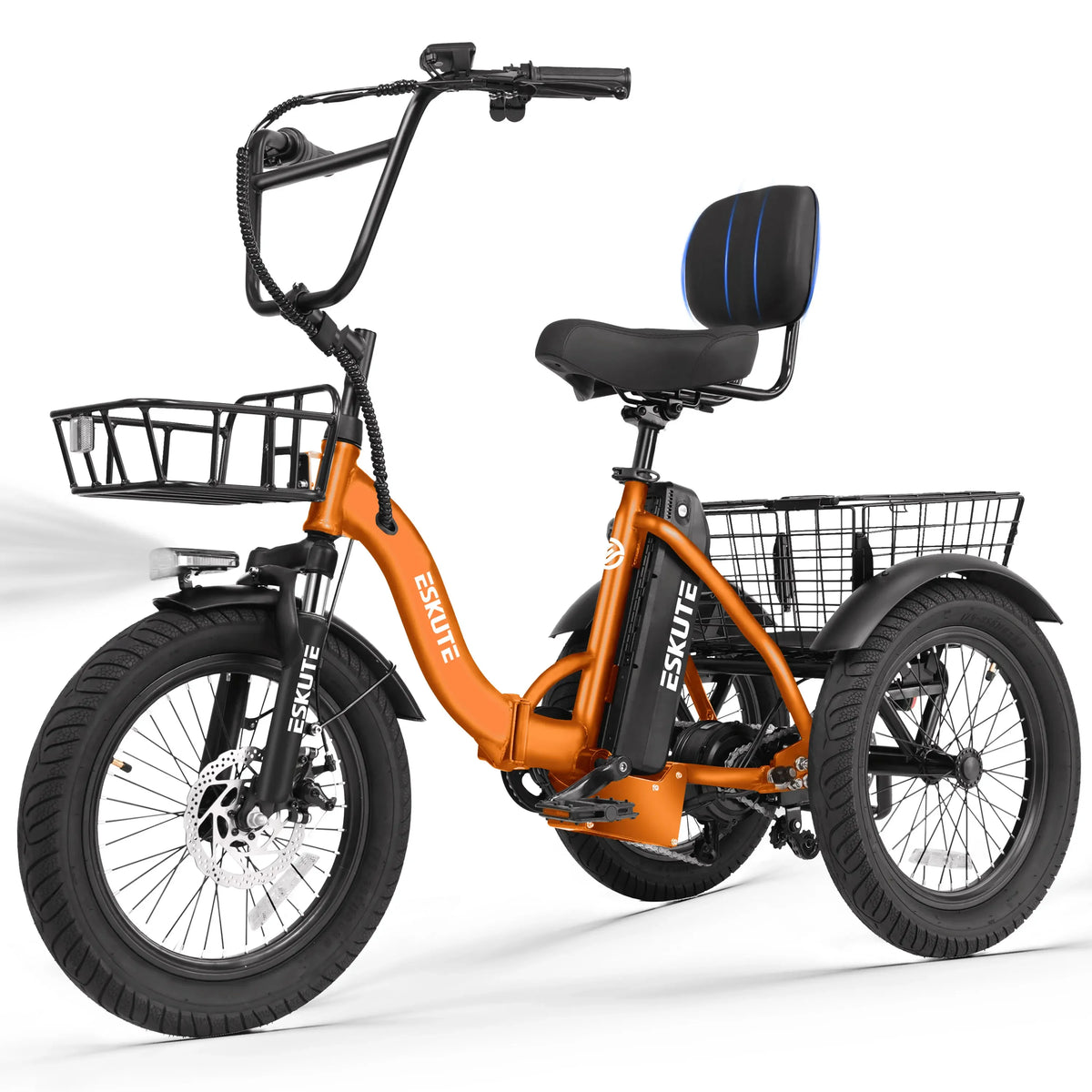 ESKUTE T300 E Trike Electric Bike, Peak 1200W Brushless Motor Folding Trike 18X3.0 Tire Ebike, 624Wh Removable Battery,