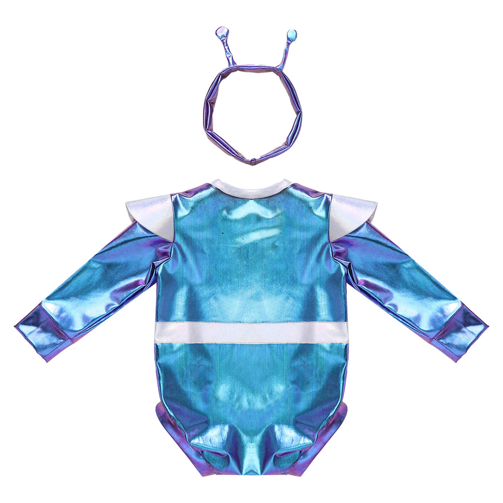 Little Boys Girls Halloween Theme Party Metallic Shiny Alien Rompers Space Robot Astronaut Dress Up Jumpsuit Photography Costume
