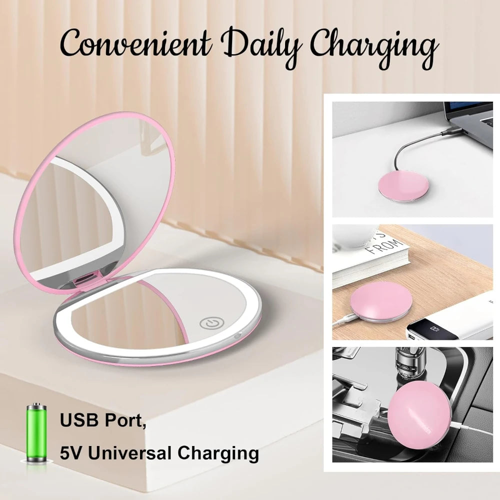 Compact Mirror with Light, 1X/3X Magnification LED Pocket Mirror with USB Data Cable, Pink Mini Mirror for Purse, Pocket,Travel