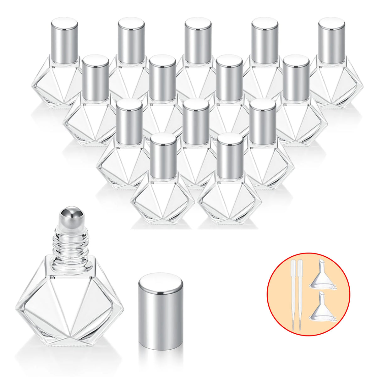 1/15pcs+4 Accessories Clear Glass Polygonal Essential Oil Roller Ball Bottles with 15 Roller Ball Bottles, 2 Funnels, 2 Straws