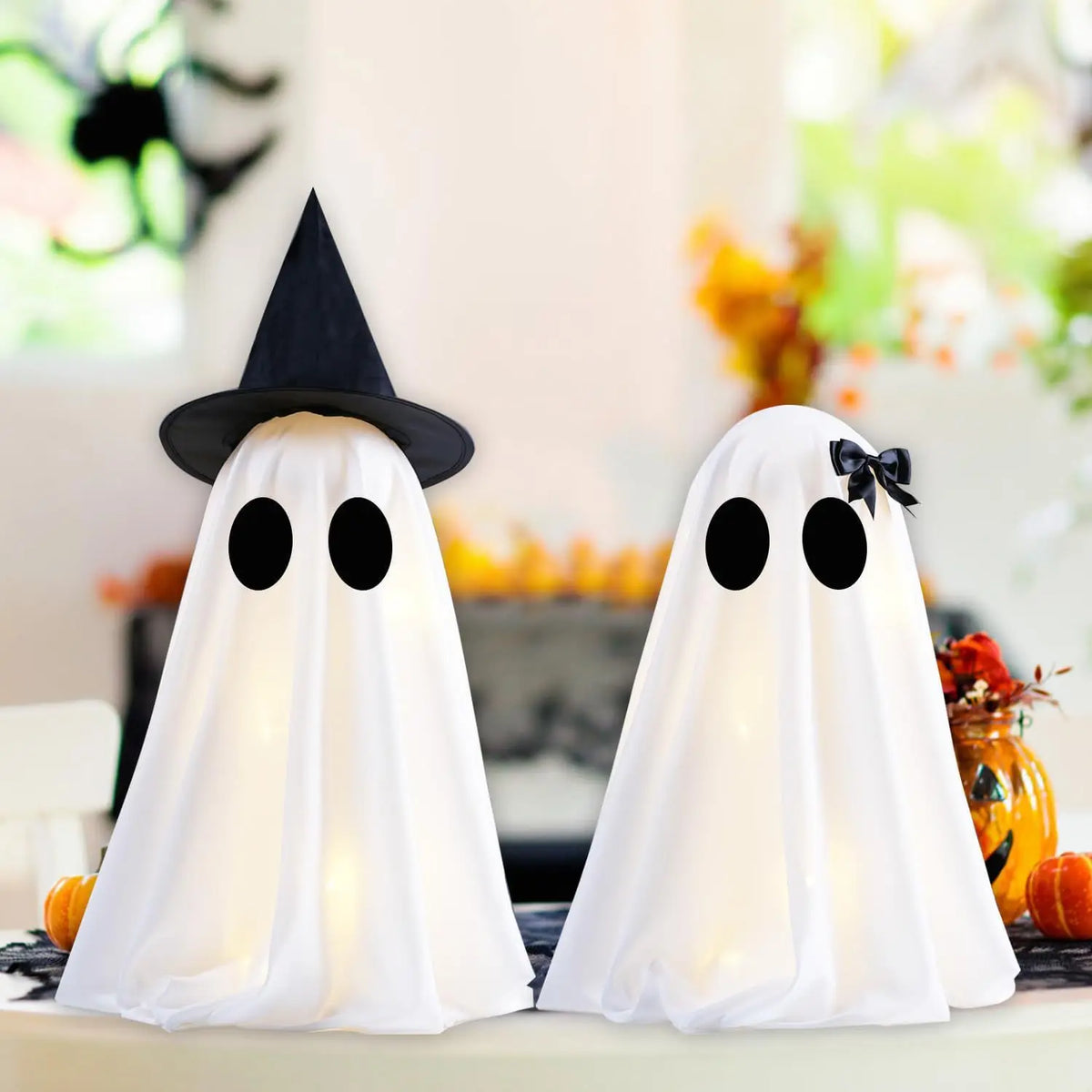 Halloween Ghost Decoration Glowing Desktop Ghost Standing Ornament Haunted Hanging Ghost Decor for Table Home Party Night Gift