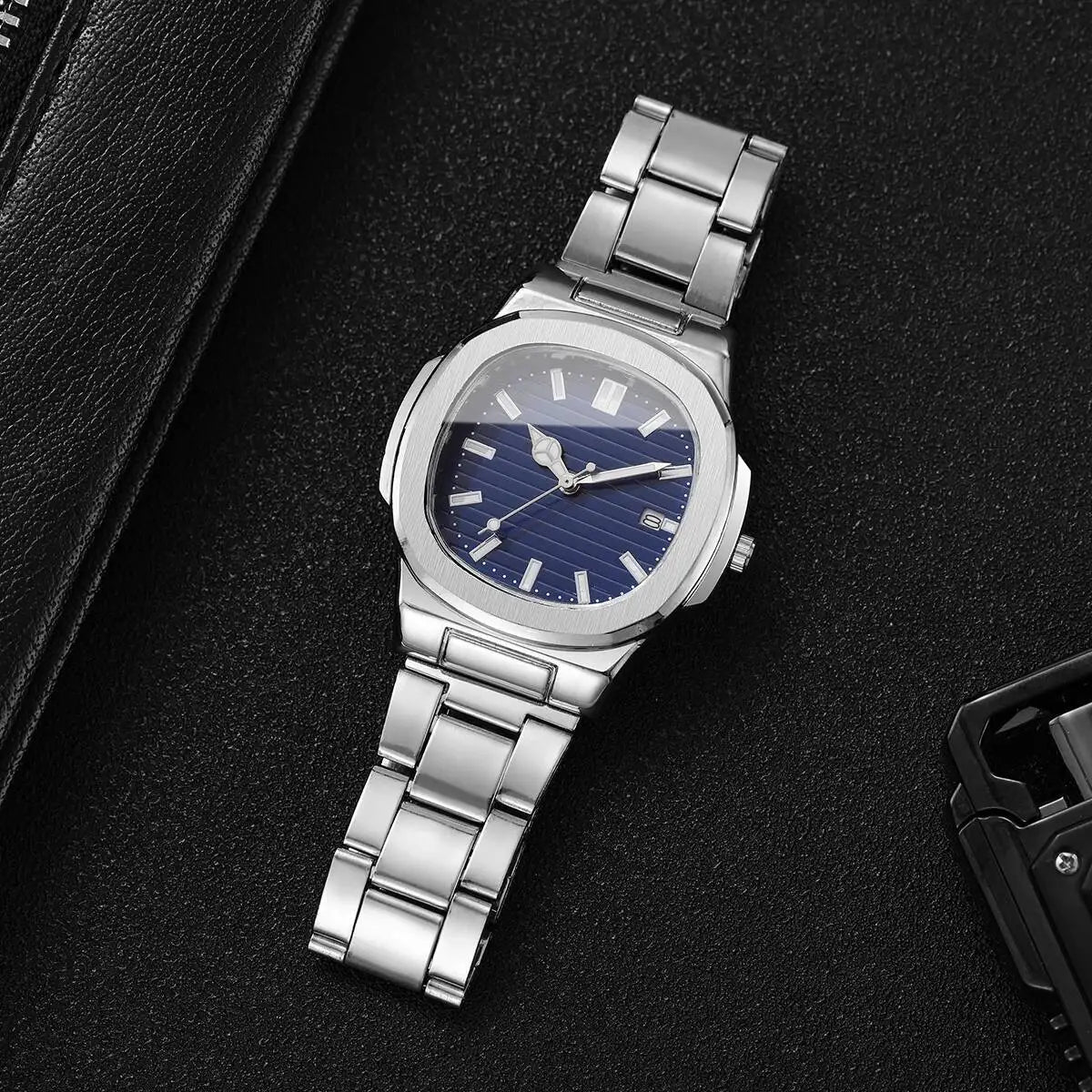 Luxury Men Business Watches Fashion Square Dial Stainless Steel Strap Quartz Watch with Calendar For Mens Clock（Without Box）