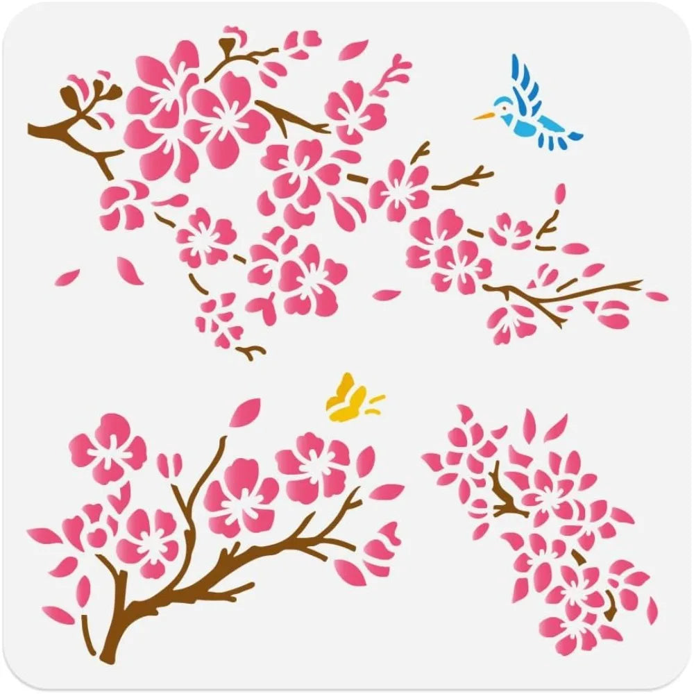 11.8"x11.8" Cherry Blossom Branch Wall Stencil Templates Nature Flower Reusable Plastic Stencils for Painting on Wood Floor