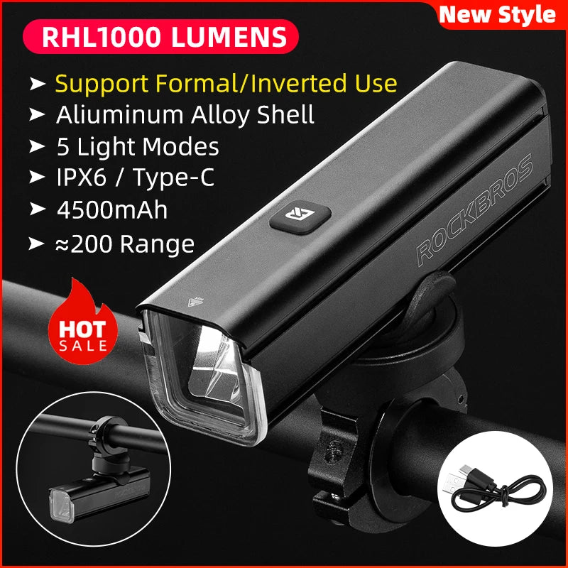 ROCKBROS Bike Light Bicycle Light Smart Vibration Sensing 1000Lumen 4000mAh 5 Modes Type-c LED Flashlight MTB Front Bike Lamp