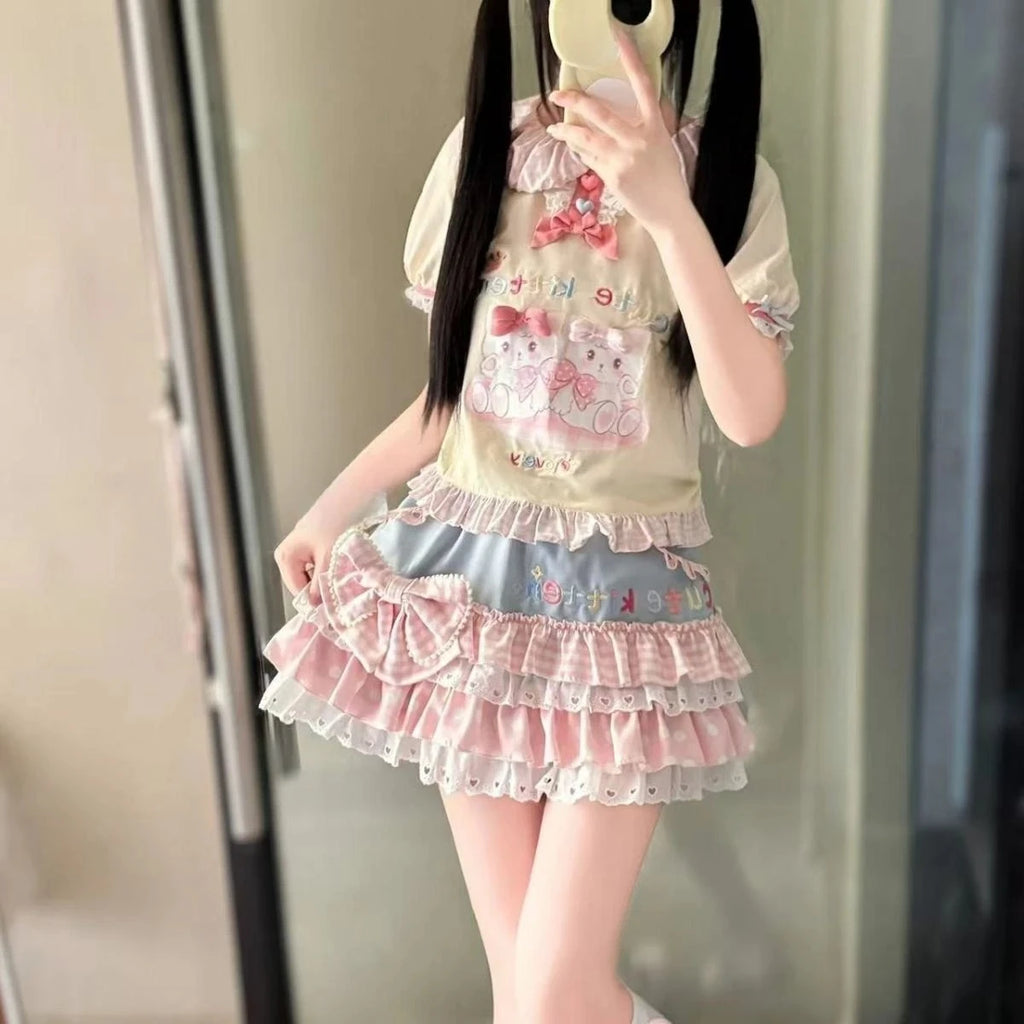 Japanese Kawaii T-shirts Women Casual Y2k Crop Top Sweet Lolita Tees Design for Girls Clothing Short Sleeve T Shirts Outwear Chic