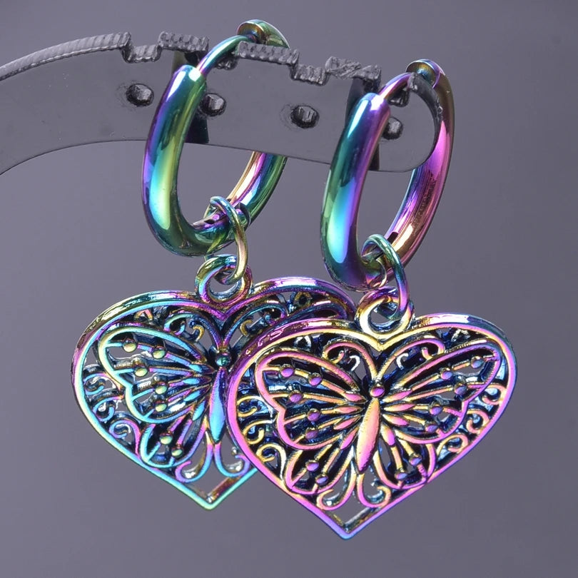 Multistyle Rainbow Ear Jewelry Stainless Steel Hoops Fashion Alloy Heart Wings  Witch Hat Foot Sun Charm Earrings For Women Men