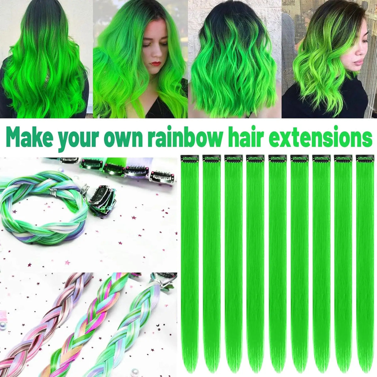 12 PCS Green Hair Extensions Clip in, Colored Party Highlights Extension for Kids Girls Synthetic Hairpiece Straight 22 inch