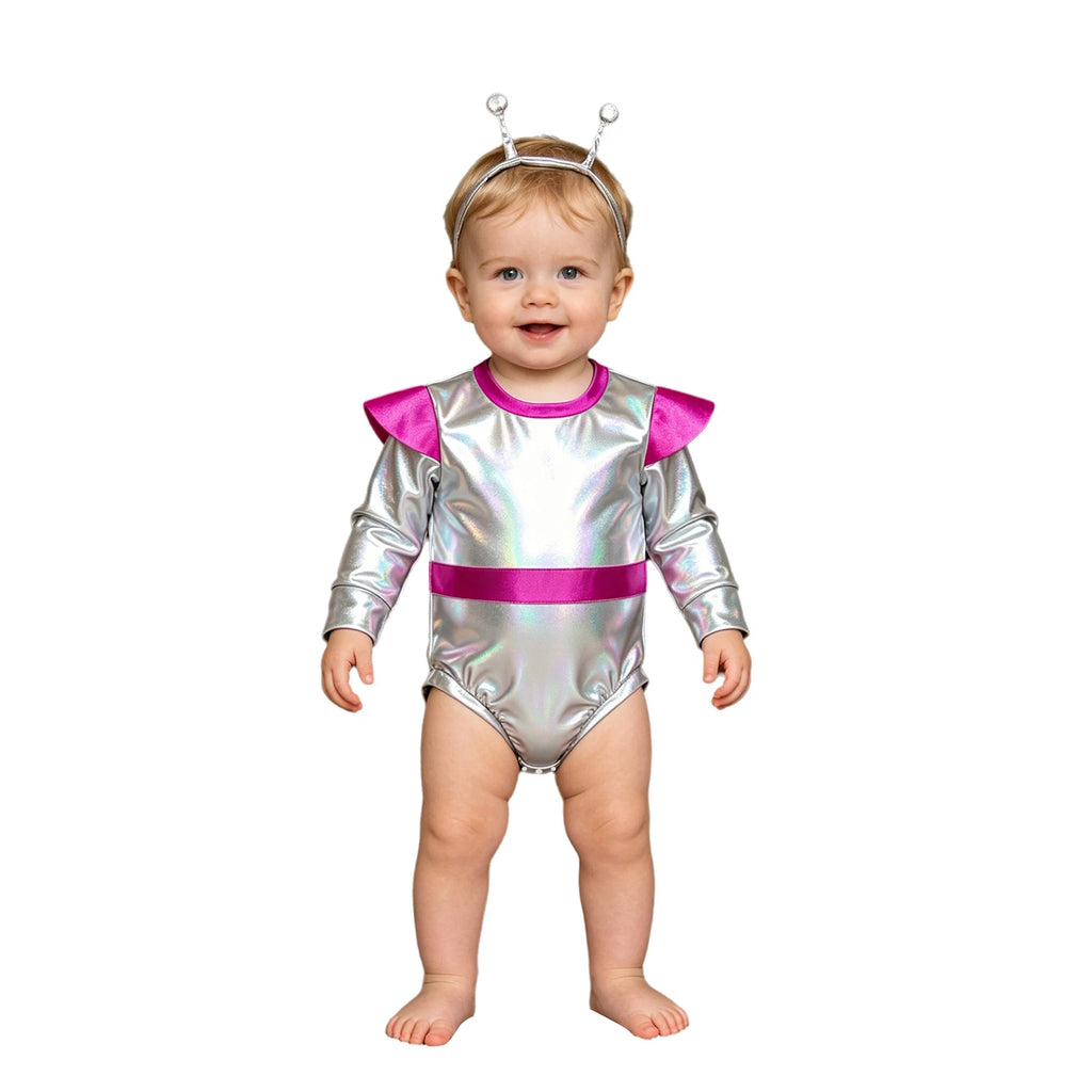 Little Boys Girls Halloween Theme Party Metallic Shiny Alien Rompers Space Robot Astronaut Dress Up Jumpsuit Photography Costume