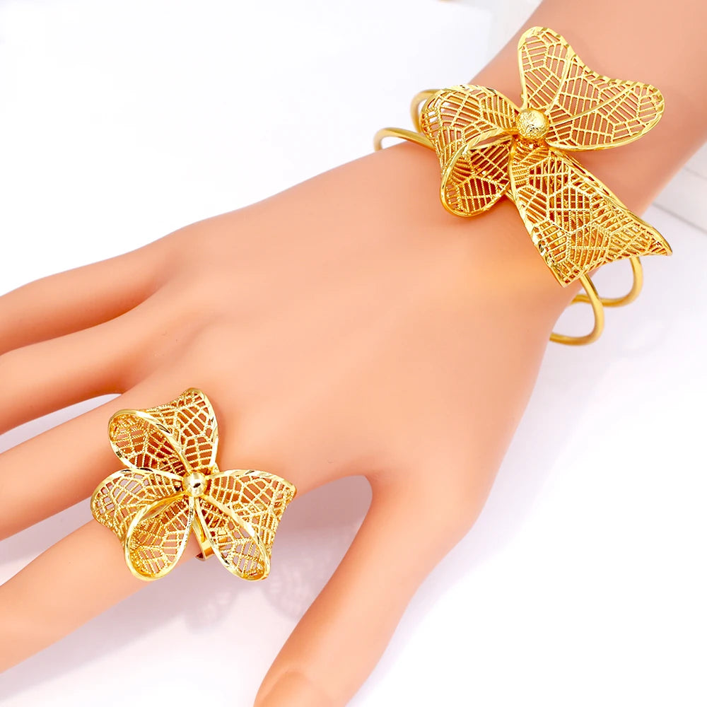 GZJPEI African Women's Bowknot Jewelry Set Gold Plated Necklace Earrings Bracelet Ring, Fashion 4PCS Jewelry Set For Women,