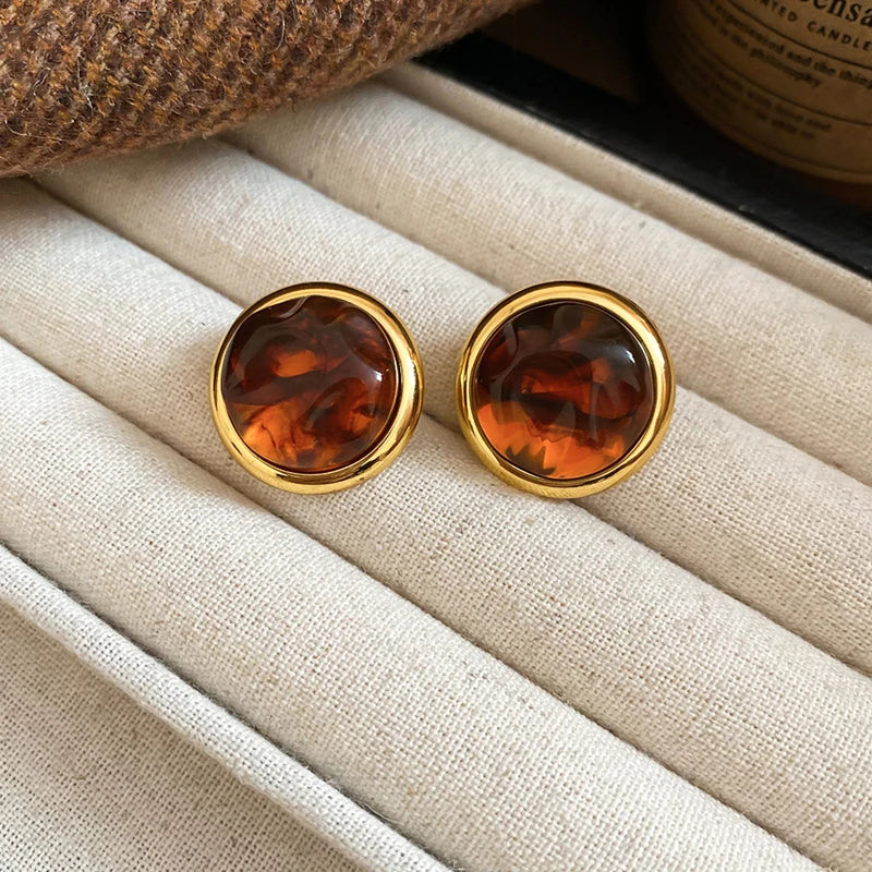 French Retro Brown Resin Water Drop Stud Earrings for Women Luxury Oval C-Shaped Earrings Fashion Charms Jewelry Gifts 2025 New