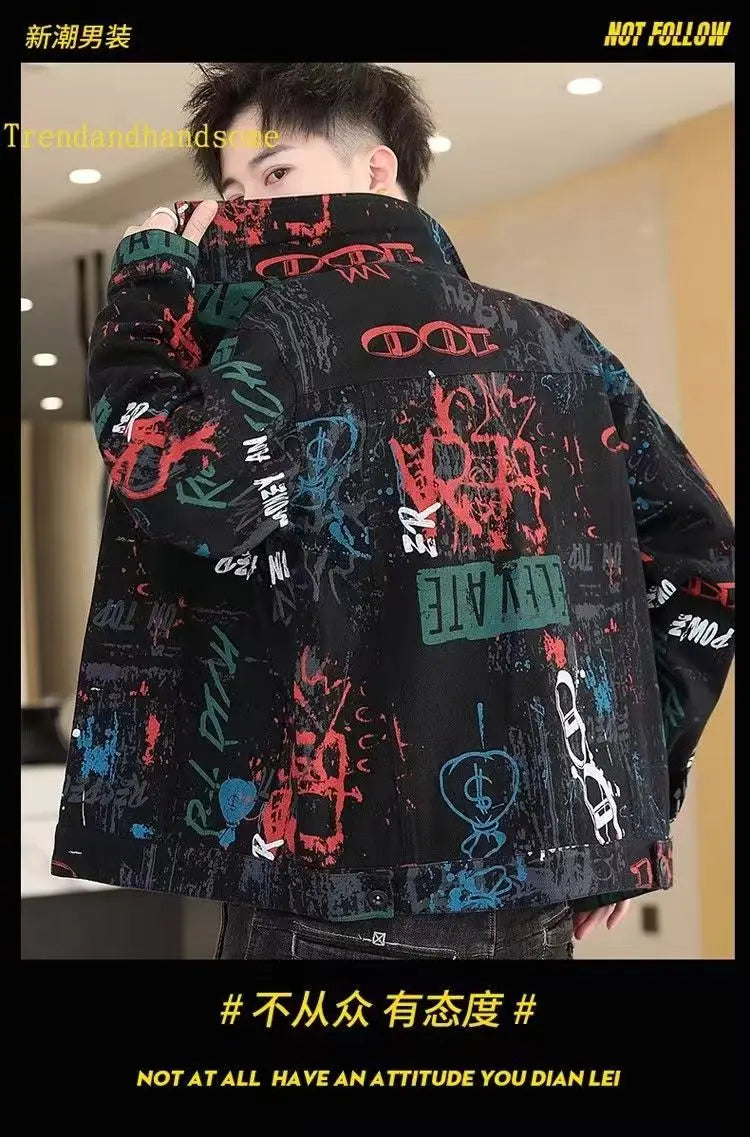 Vintage Loose Men's Print Denim Jacket Spring Autumn Casual Long Sleeve Outerwear Coat