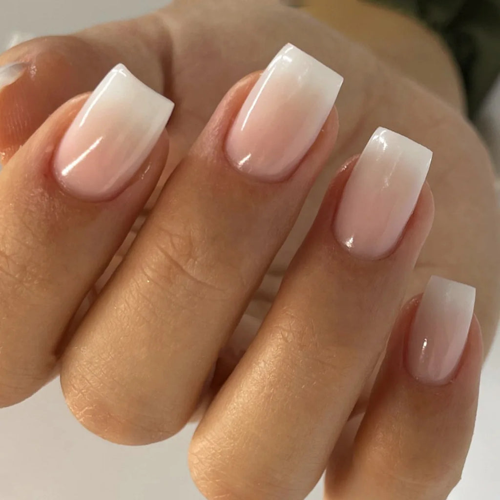 24Pcs Simple Square Head Fake Nail with nude design White Gradient French Press on False Nails Short Full Cover Nail Tips