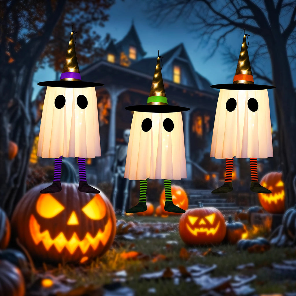 Halloween Hanging Ghost Decorations Outdoor, Glowing Ghost with Witch Hat String Lights for Yard Patio Garden Tree Decoration