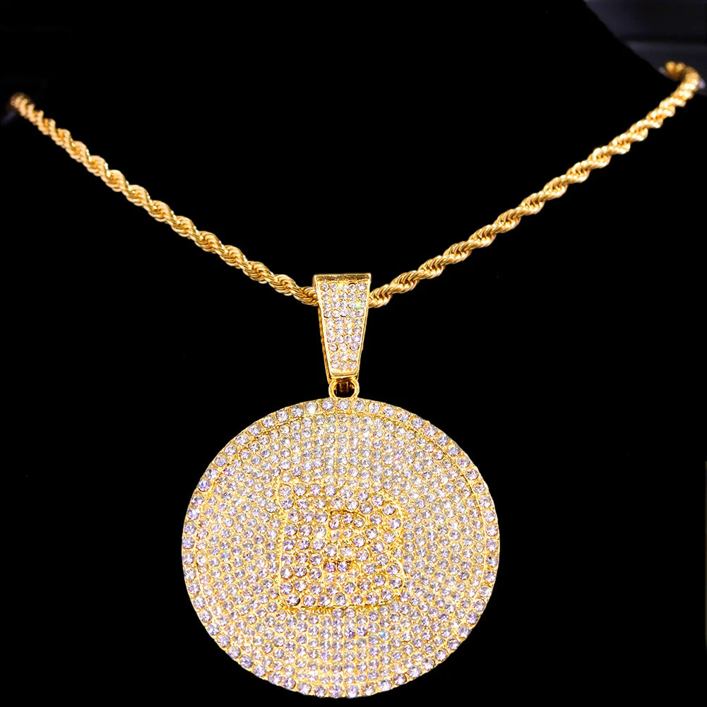 Iced Out Round Initial Pendant Necklace 14MM Rhombus Cuban Link Chain 26 Letters Chain Necklaces Women Men Hiphop Jewelry