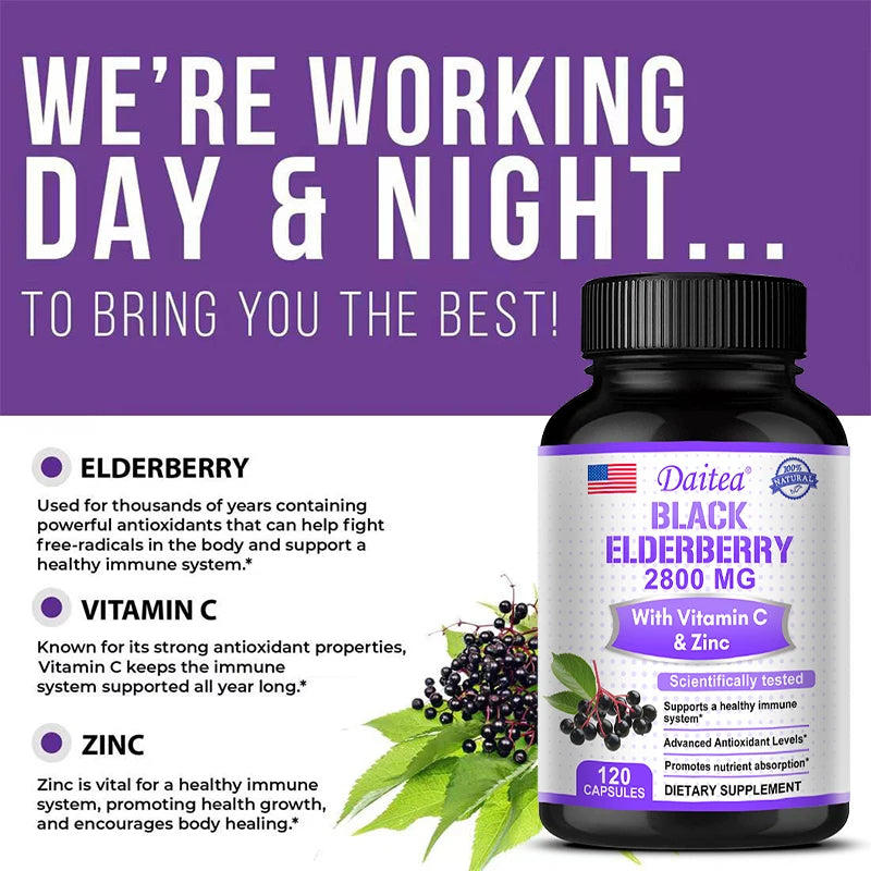 Black Elderberry Capsules 2000mg with Vitamin C, Milk Thistle, Antioxidants, Immune System Support, Energy Boost, Non-GMO