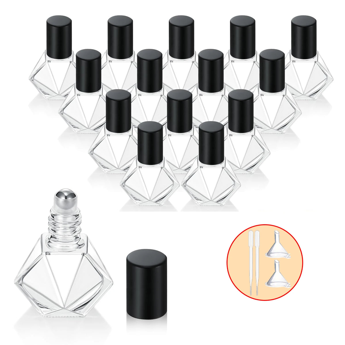 1/15pcs+4 Accessories Clear Glass Polygonal Essential Oil Roller Ball Bottles with 15 Roller Ball Bottles, 2 Funnels, 2 Straws