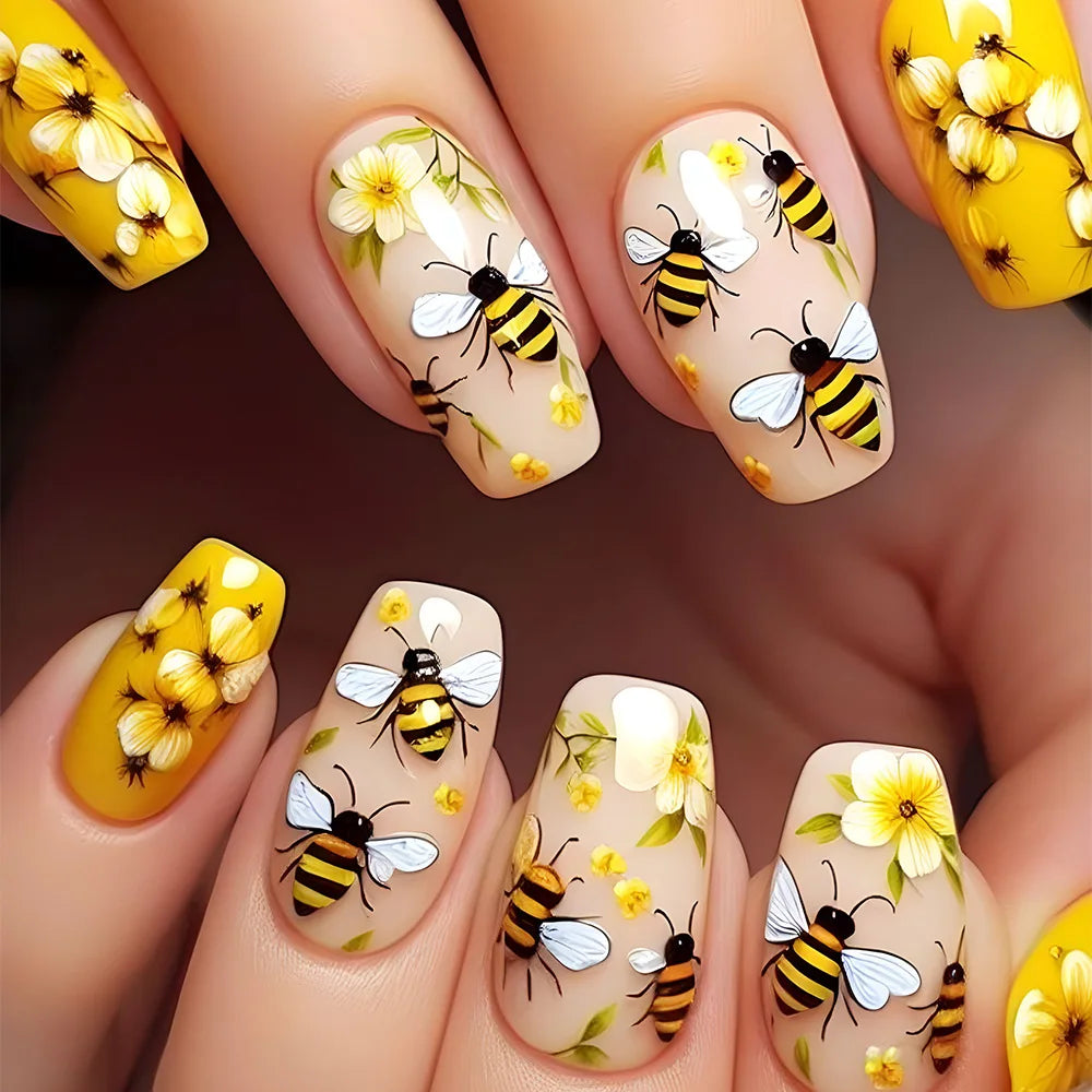 24Pcs Set Medium Long Press On Nails Spring And Summer Flower Butterfly Bee Design Reusable Daily Party Manicure Supply