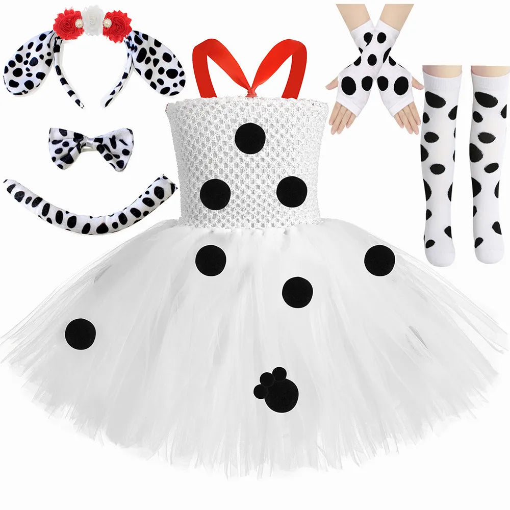 HJTT Toddler Girls Dalmatian Dog Costume Polka Dot Spotted Puppy Tutu Dress Dalmatians Costume for Kids Halloween Party Dress Up