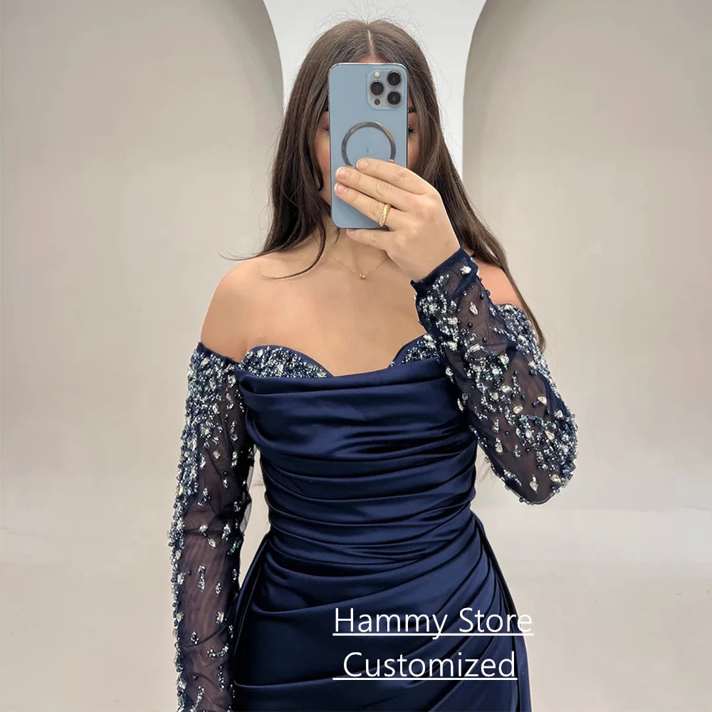 Navy Mermaid Prom Dress with Train Customized Sweetheart Full Sleeves Pleat Beading Sequined Evening Gown Party Dresses