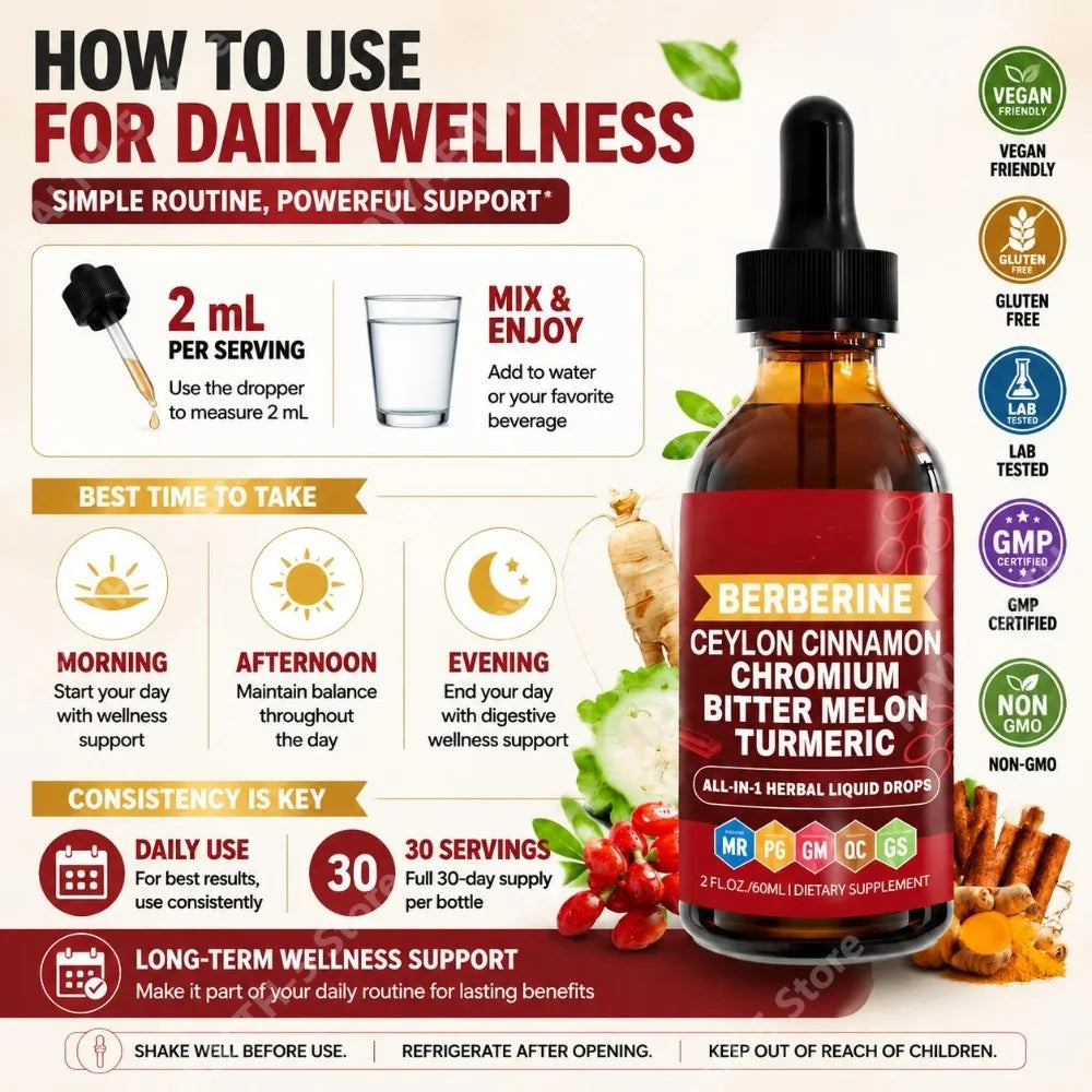Berberine Ceylon Cinnamon Chromium Liquid Drops with Bitter Melon and Turmeric for Glucose Metabolism Support, 30 Servings