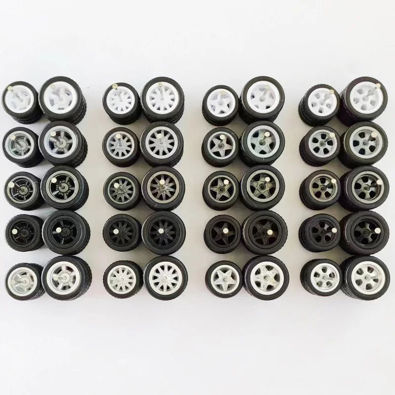 20 Sets 1/64 Alloy Car Wheels w Rubber Tires Axles for 1:64 Mini Model Cars Matchbox Domeka HW