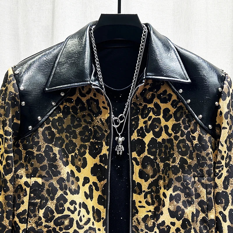 PFHQ Fashion Men's Jacket American Style Leopard Print Patchwork Rivet Design Spliced Leather Lapel Short Zipper Coats 21P1523