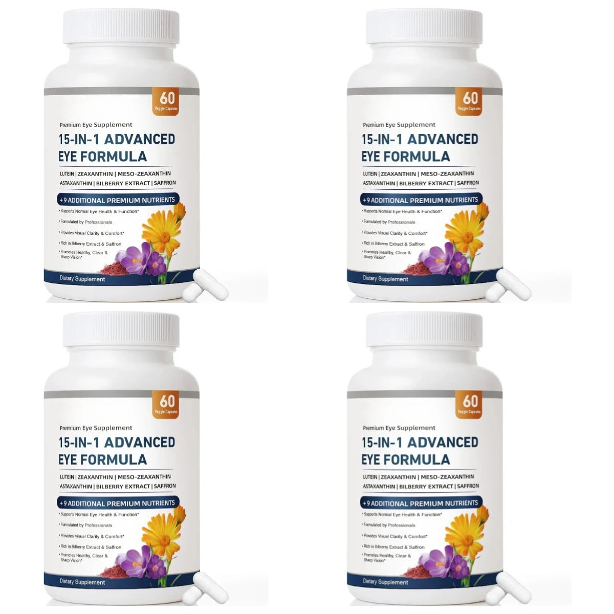 15-in-1 Advanced Eye Formula Lutein Zeaxanthin Bilberry Extract Vitamin C & E Supports Eye Health 60 Veggie Capsules for adult