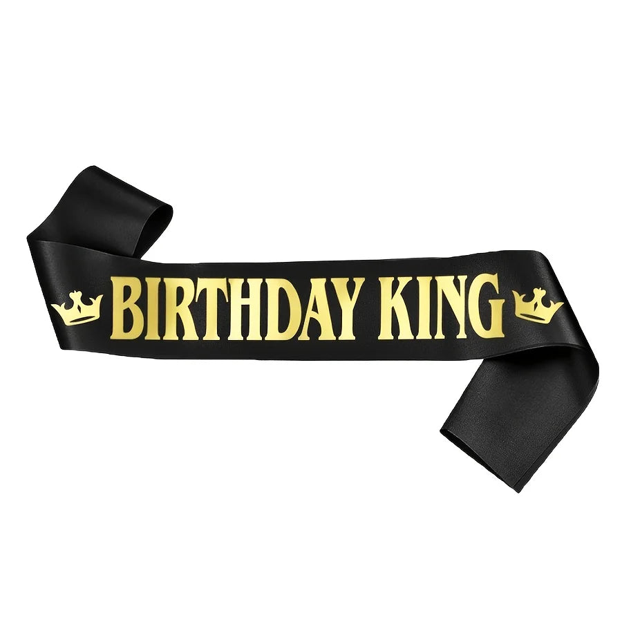 1pc Gold Foil Black Satin Birthday King Sash Banner, Men & Boys Happy Birthday Fun Party Decor Accessory Supplies Favor Gift
