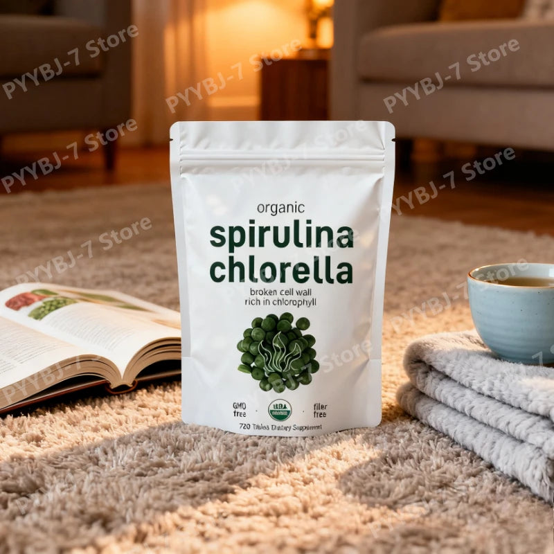 Spirulina Chlorella Tablets Organic Superfood 720 Count Vegan Plant Based Green Algae Nutritional Supplement Chlorophyll Source