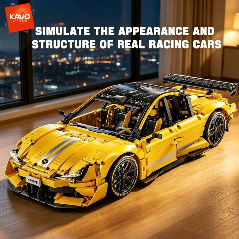 KAVOWORLD 2143pcs Yellow 1:10 Building Block Racing Car Sports Supercar Road Coupe Drift Vehicle Construction Kit with Movable Doors Adjustable Rear Wing DIY Assembly STEM Toys Home Desk Decor Hobby Christmas Halloween Birthd