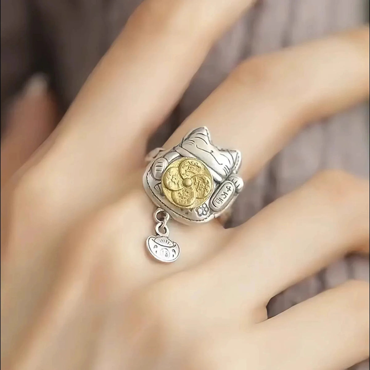 New Chinese Style Retro Transportation, Wealth Attracting Cat Ring, Female Rotatable Opening Adjustment, Niche Ring Accessories
