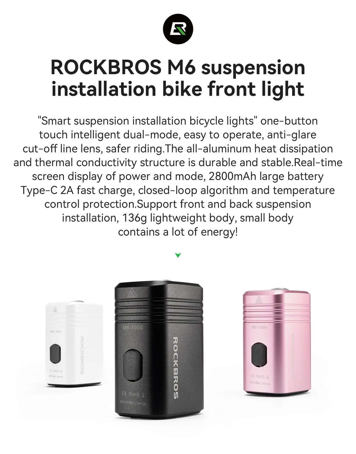 ROCKBROS 1000LM Bike Light Bicycle Front Light Type-C Headlight Smart Power Display Screen MTB Road Cycling Flash Highlight