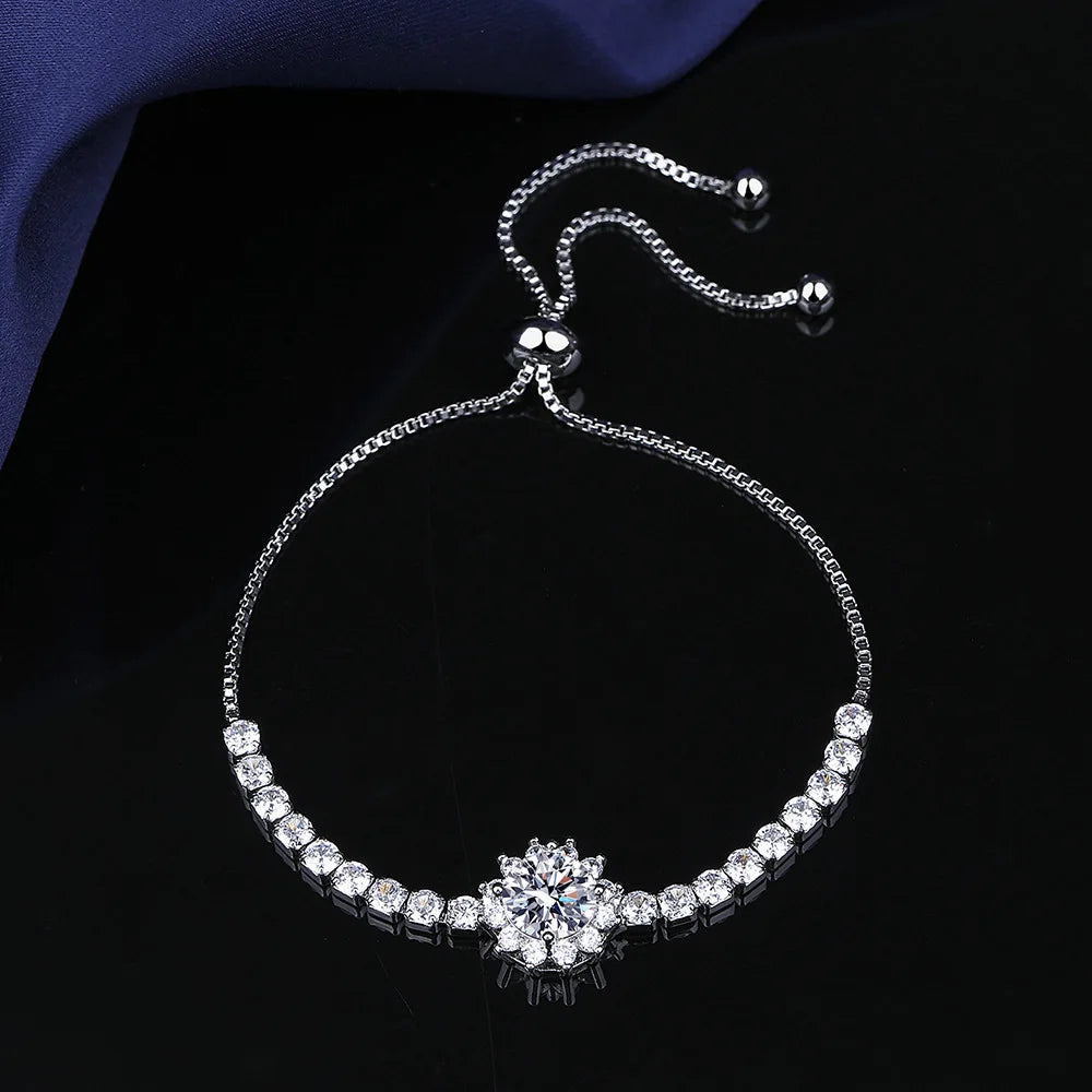 925 Sterling Silver Bracelet Moissanite Sunflower Bracelet Two Carats Hand Jewelry Women Pull-Out Style