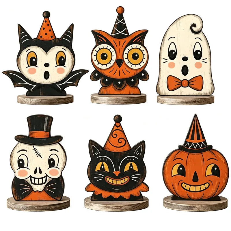 1/6pc Halloween Decor Indoor Retro Wooden Block for Shelf Decoration,Cute Ghost,Pumpkin,Black,Cat,Skeleton,Owl,Housewarming Gift
