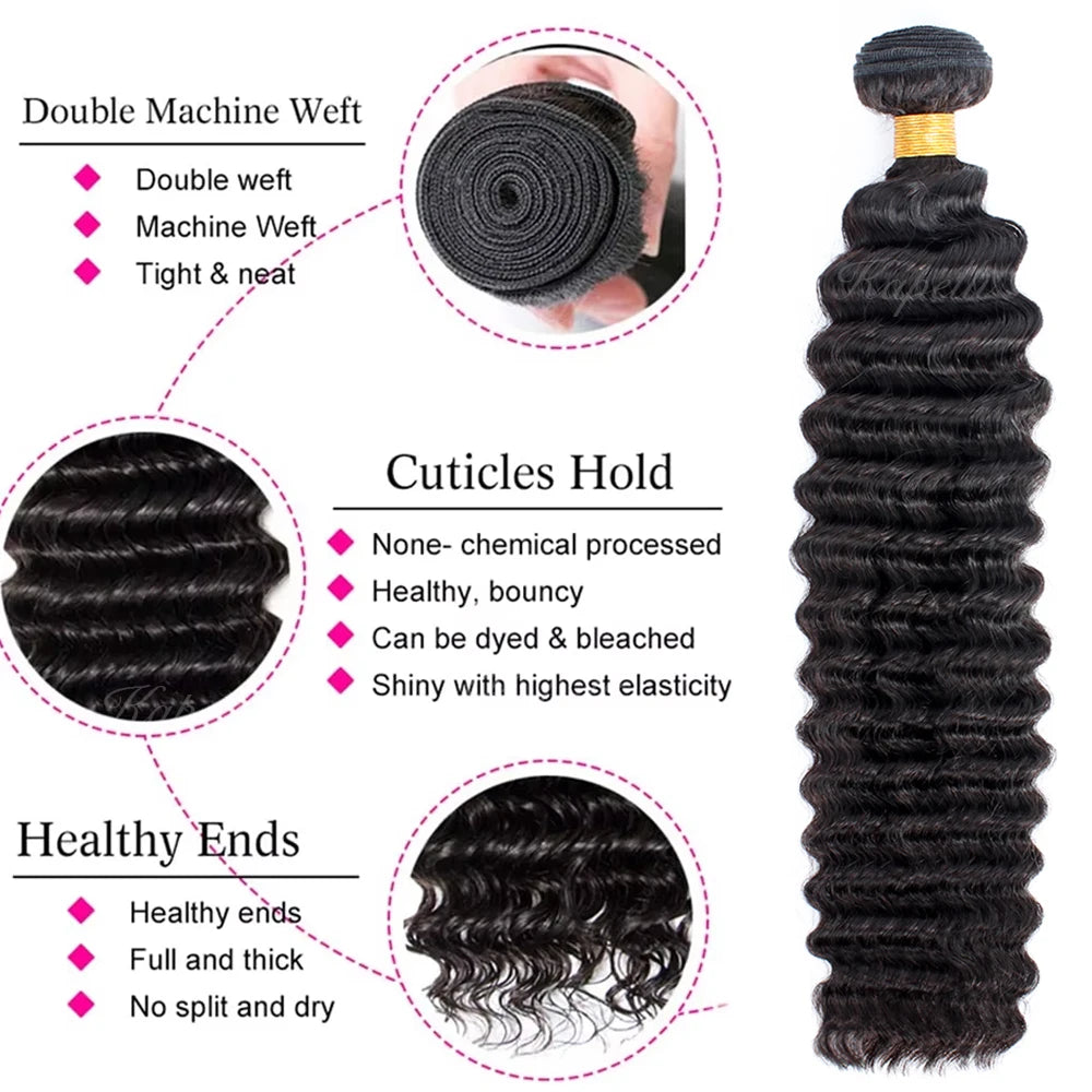 Deep Wave Human Hair Bundles with Closure 24 26 28 inch Deep Curly Bundles Natural Human Hair Brazilian Raw Hair Extensions
