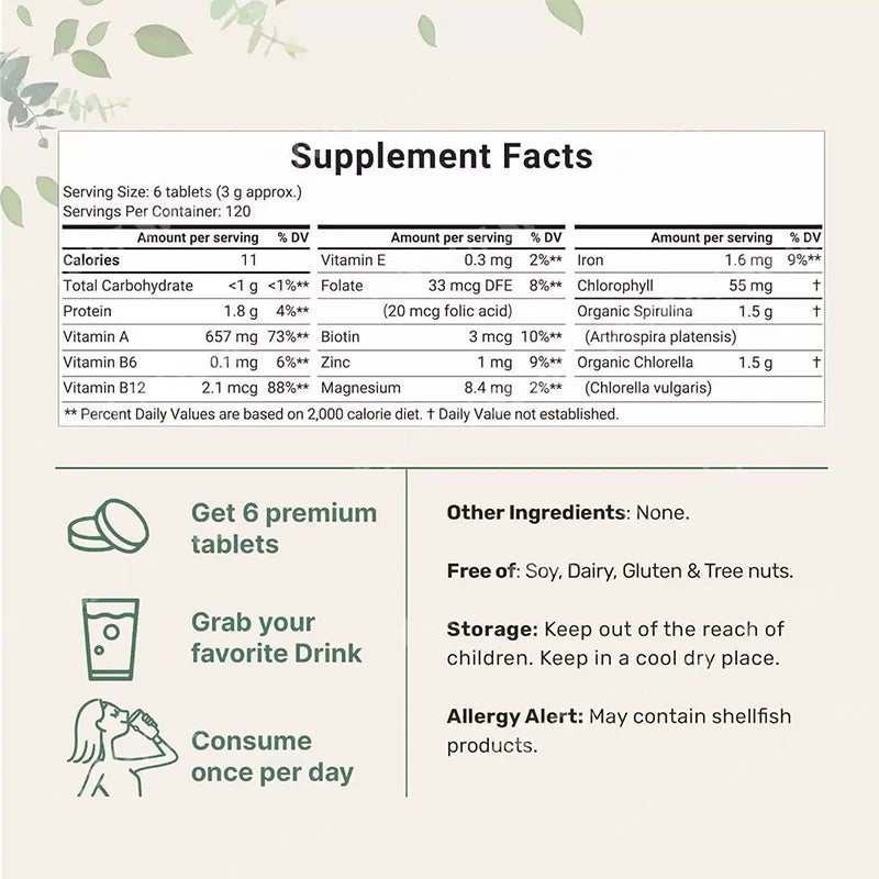 Spirulina Chlorella Tablets Organic Superfood 720 Count Vegan Plant Based Green Algae Nutritional Supplement Chlorophyll Source