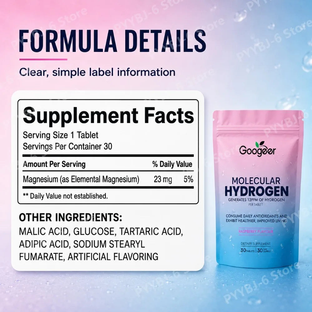 Molecular Hydrogen Tablets 12PPM Raspberry Flavor Magnesium Effervescent Supplement Antioxidant Daily Wellness Support 30Tablets