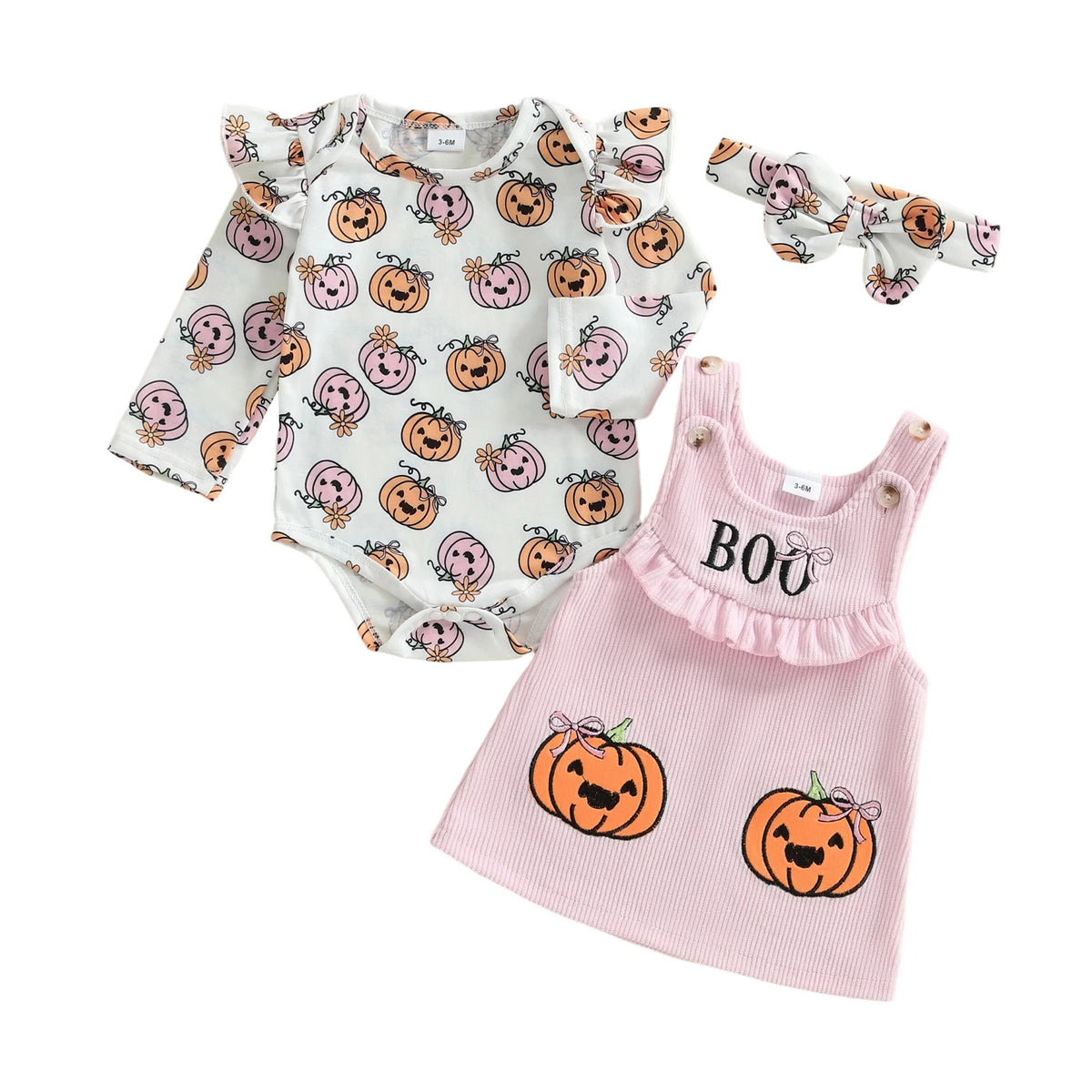 0-18M Baby Girl Halloween Outfit Long Sleeve Romper Pumpkin Print Overall Dress Headband Set Newborn Fall Clothes