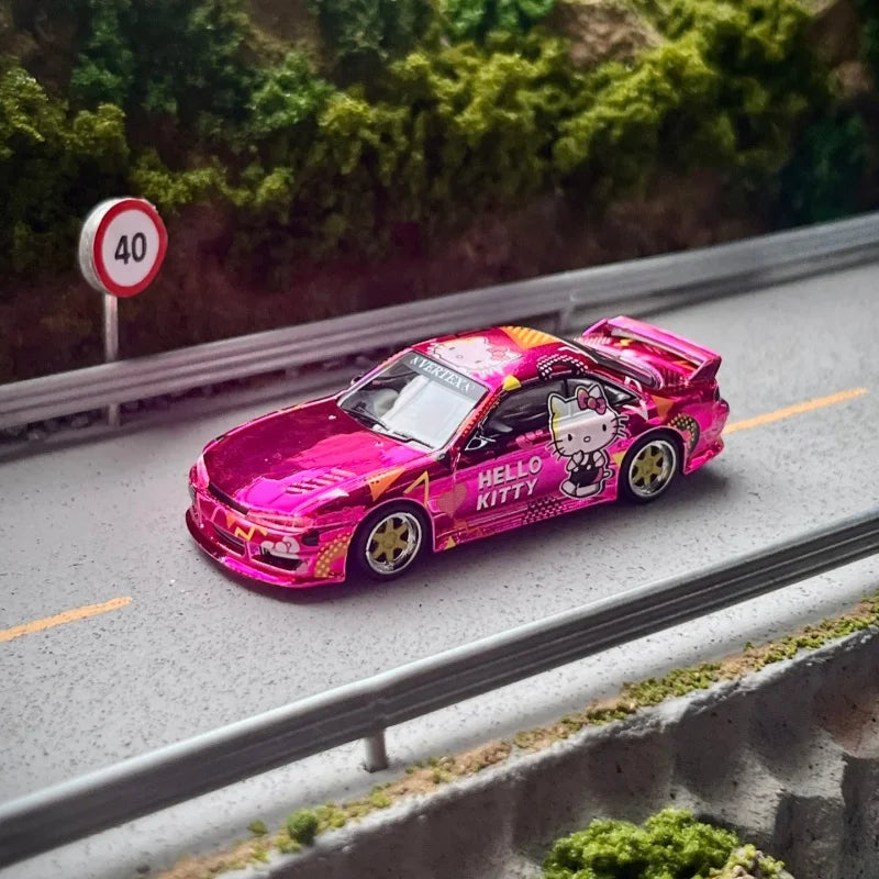 Hot! Tarmac Works Vertex Silvia S14 Hello Kitty Pink Chrome 1:64 Limited Edition Car Model Collectible Toy For Boy Enthusiasts