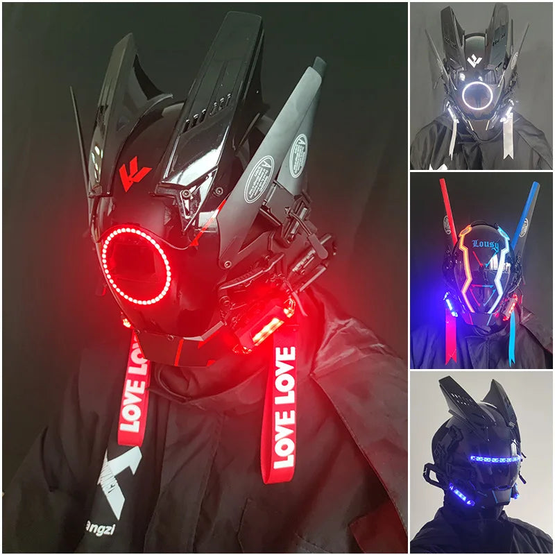 Cyber punk Mask LED Hairstyle Braid Halloween Christmas Role Playing Helmet Party Adult Gift ﻿