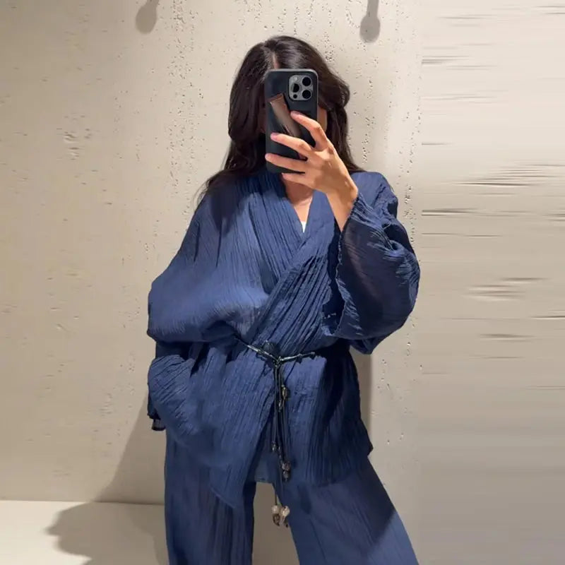 Tie Front Textured Women's Set V-Neck Loose Set Wide Sleeve Drawstring Pants Casual Lounge Solid Color 2 Piece Outfits For Daily