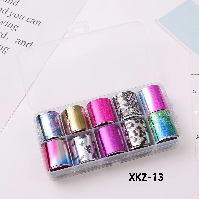 10 Rolls/ Box Charm Nail Foils Polish Stickers Metal Color Starry Paper Transfer Foil Wraps Adhesive Decals Nail Art Decorations