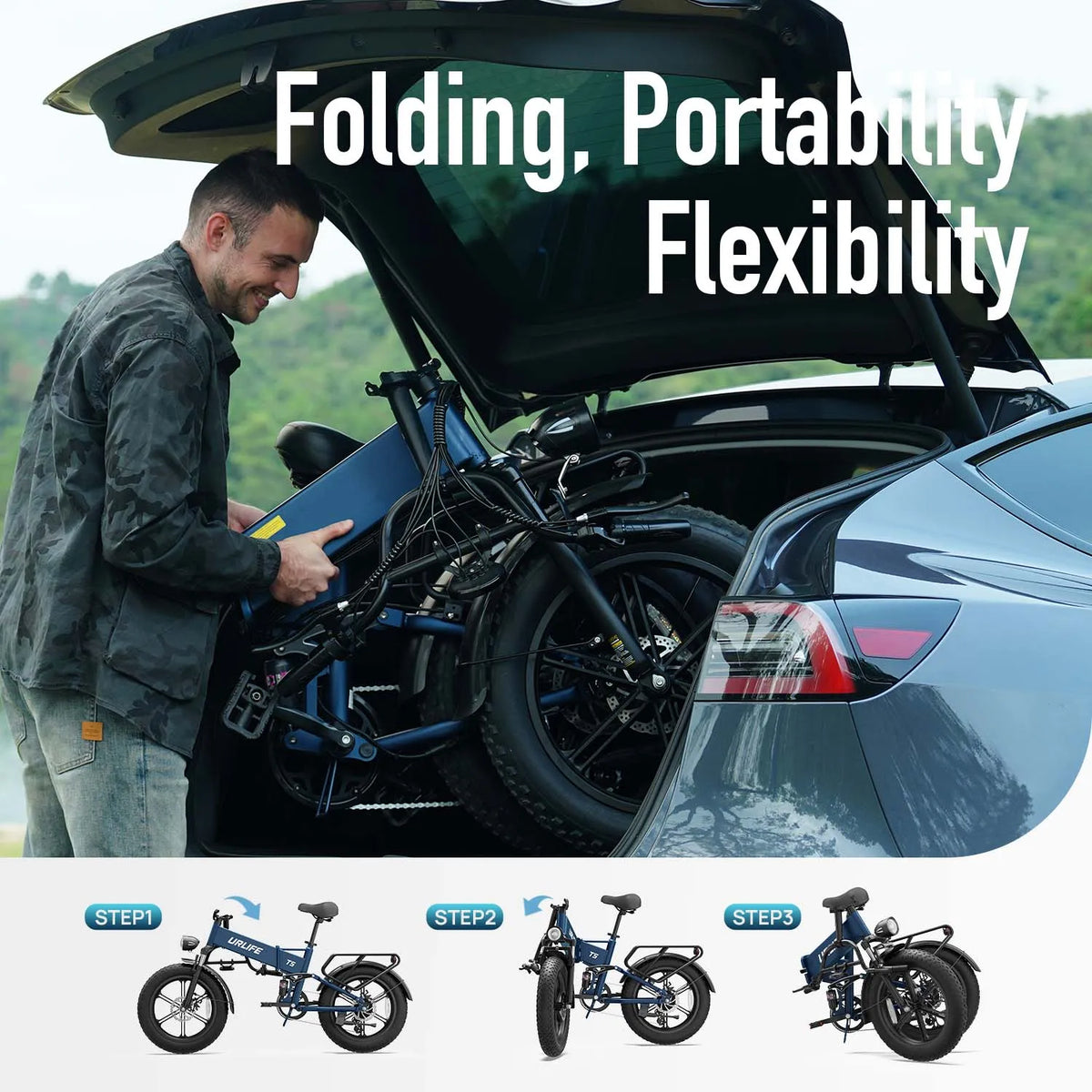URLIFE T5 Foldable Electric Bike 20 Inch Fat Tire E-Bike for All Terrain 48V Removable Battery Long Range 80Miles Full Suspension Adult Electric Mountain Bike