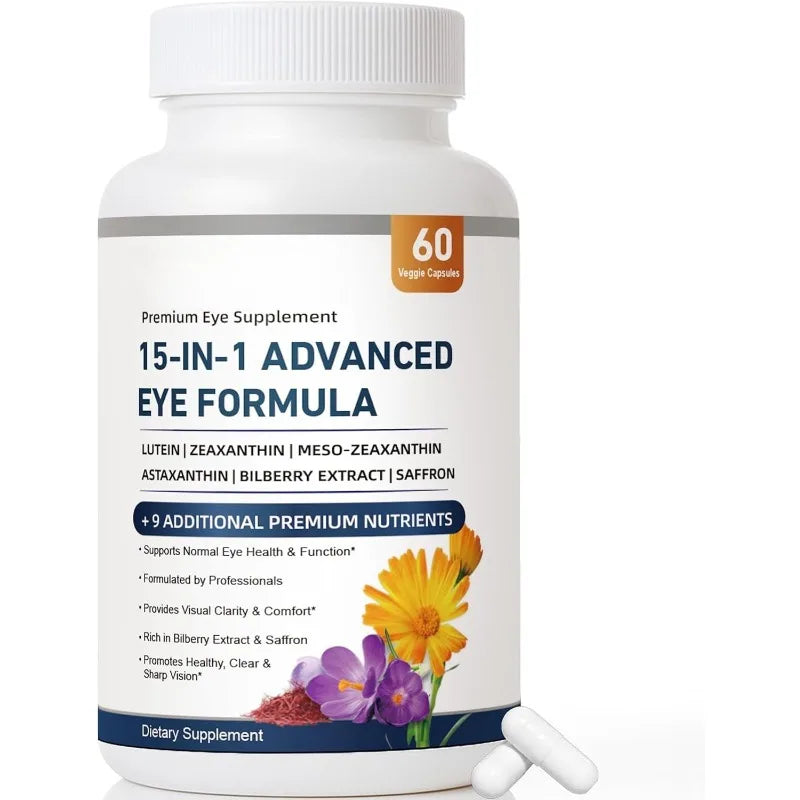 15-in-1 Advanced Eye Formula Lutein Zeaxanthin Bilberry Extract Vitamin C & E Supports Eye Health 60 Veggie Capsules for adult