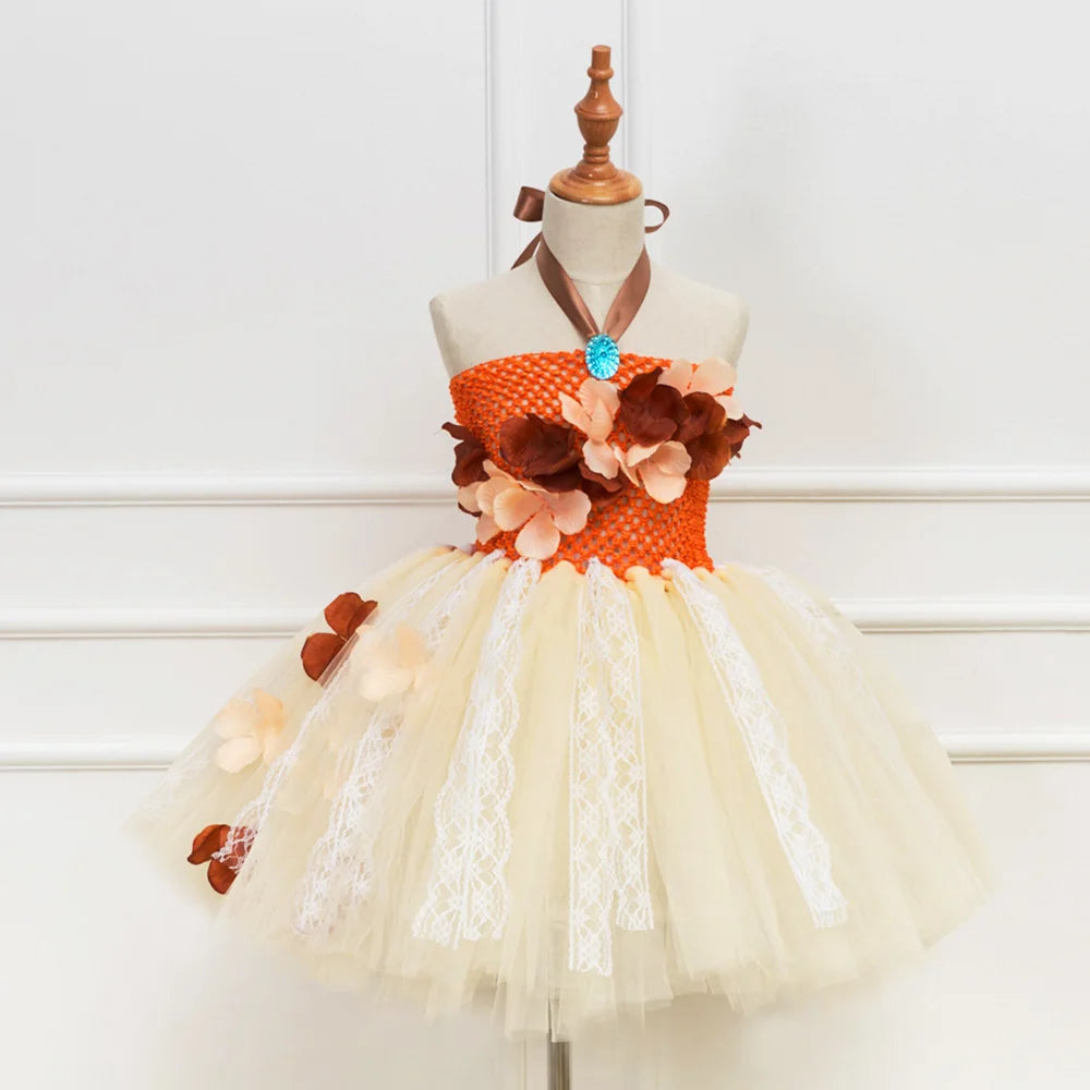 HJTT Princess Dress Costume for Girls Flowers Tutu Dress Kids Hawaiian Tribal Beach Themed Halloween Birthday Party Tulle Dress