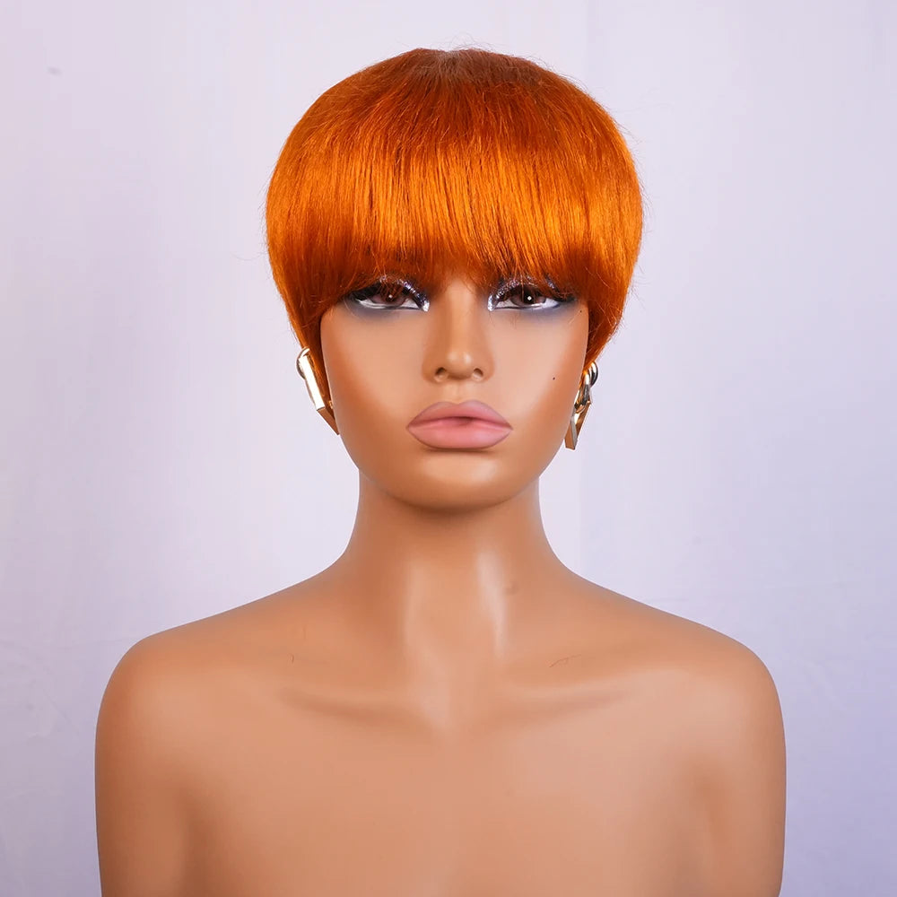 Orange #350 Short Straight Pixie Cut Wigs Human Hair 100% Natural Realistic Full Machine Made With Bangs For Women