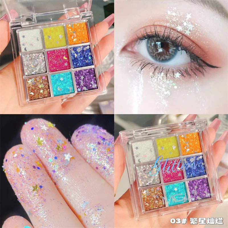 16-Color Bling Jelly Eye Shadow Palette Heart Sequin Glitter Pumpkin/Purple/Cherry/Blue/Gold Shade Stage Performance Make up